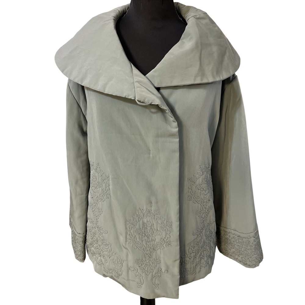 J. Jill XS M Jacket Coat Sage Green Embroidered Paisley Textured Plush Lining